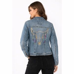 NWT 1 Sunset Lane Glitter Longhorn Denim Jacket